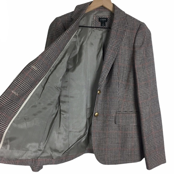 J CREW Jacket Blazer Wool Glen Plaid Houndstooth Check Brown Beige Red Size 8 - Picture 5 of 12